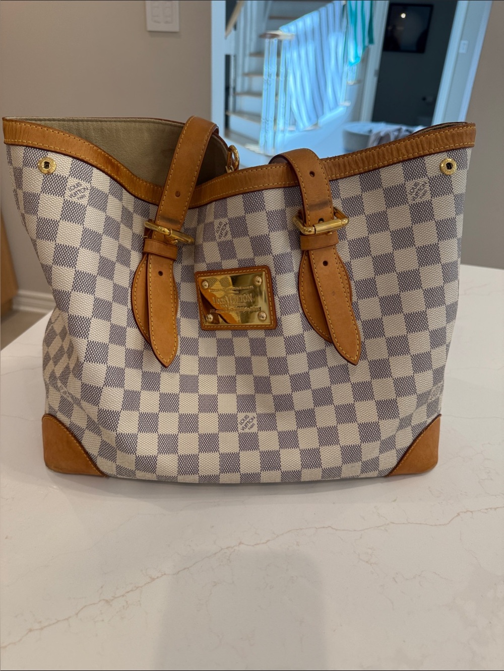 Louis Vuitton Damier Azur Canvas Tote with Tan Leather Trim